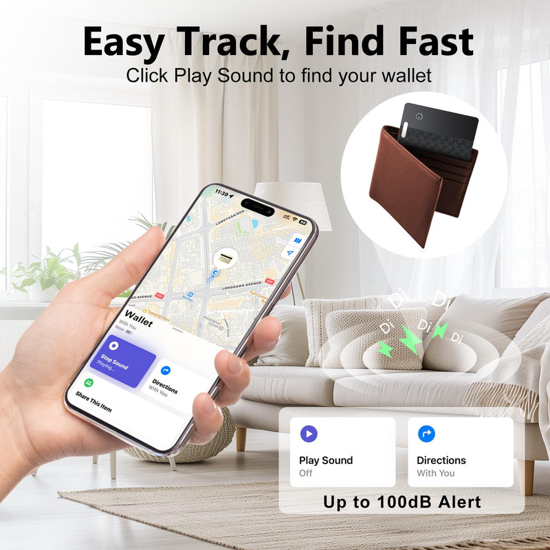 Ultra-Thin Wallet Tracker Card(iOS Only), Bluetooth Tracker Smart Card for Apple Find My iPhone Wallet GPS Tracker, Supports Wireless Charging, 10 Years Battery for Luggage, Wallets, Classic Black