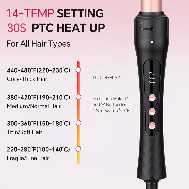 3 in 1 Curling Wand Iron Set with Interchangeable Ceramic Barrels | 9-25MM Hair Curler & Straightener on Short to Long Hair, 14 Temps & LCD Display, Dual Voltage for Travel