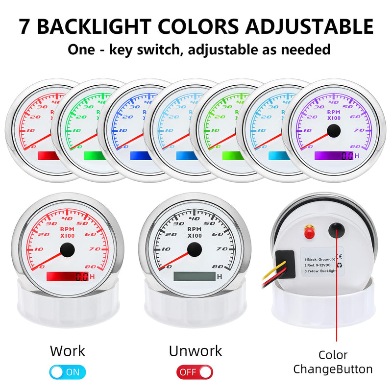 Tachometer Gauge 7 Color 0-8000 RPM Tacho Meter 85mm 3 3/8" for Auto Boat Marine Vehicle for 1-10 Cylinder Diesel and Gasoline Engine（White） White 8000RPM