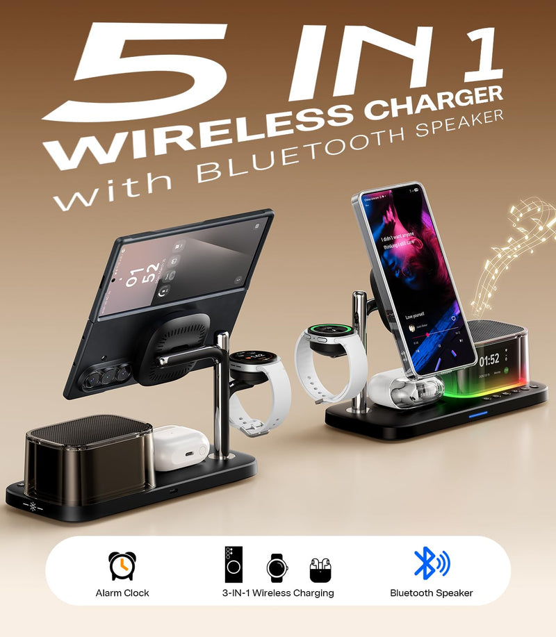 Meifigno 25W 5 in 1 Charging Station for Galaxy S26 Ultra with Bluetooth Speaker/Alarm Clock/Night Light, Qi2.2 Fast Magnetic Wireless Charger with 45W Adapter for S26/Z Fold7, for Galaxy Watch 8/Buds 25W for Samsung