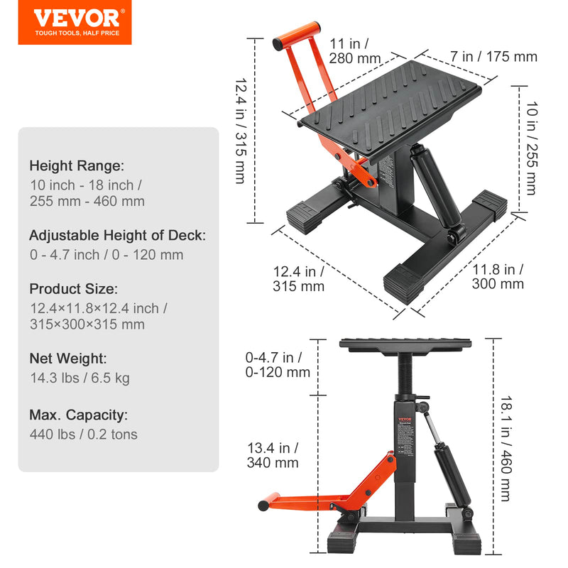VEVOR Dirt Bike Lift Stand, Motorcycle Jack Lift Stand 440 lbs Capacity and Hydraulic Lift Operation, Adjustable Height Hoist Table, for Dirt Pit Bike Repair, Maintenance, Dirt Bike Accessories