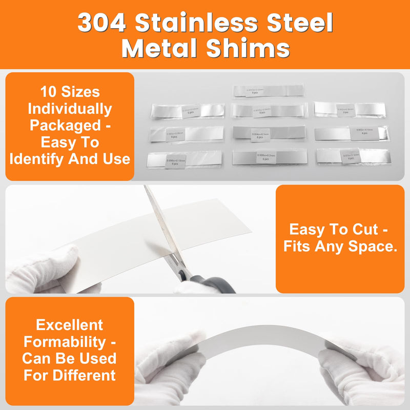 60 PCS Shim Stock Assortment, 2" W x 6" L Metal Shims for Leveling, Thin Metal Shims Stock 304 Stainless Steel, Metal Strips 10 Thickness 0.0007 to 0.01 Inch 2"W x 6"L-60 PCS Silver