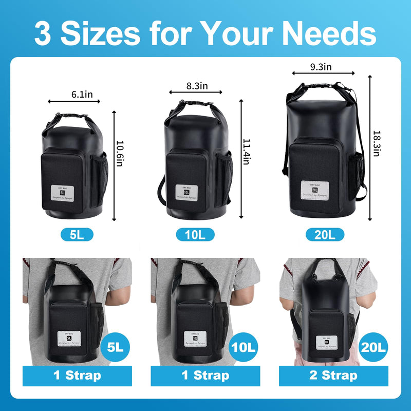 20L Waterproof Dry Bag with Bottle Holder & Mesh Pocket, 500D PVC Tarpaulin Roll Top Dry Sack with Inner Waterproof Adsorption Film, Large Dry Storage Bag for Kayaking, Camping, Beach, Boating Black - [Wirh Phone Pouch] 20L