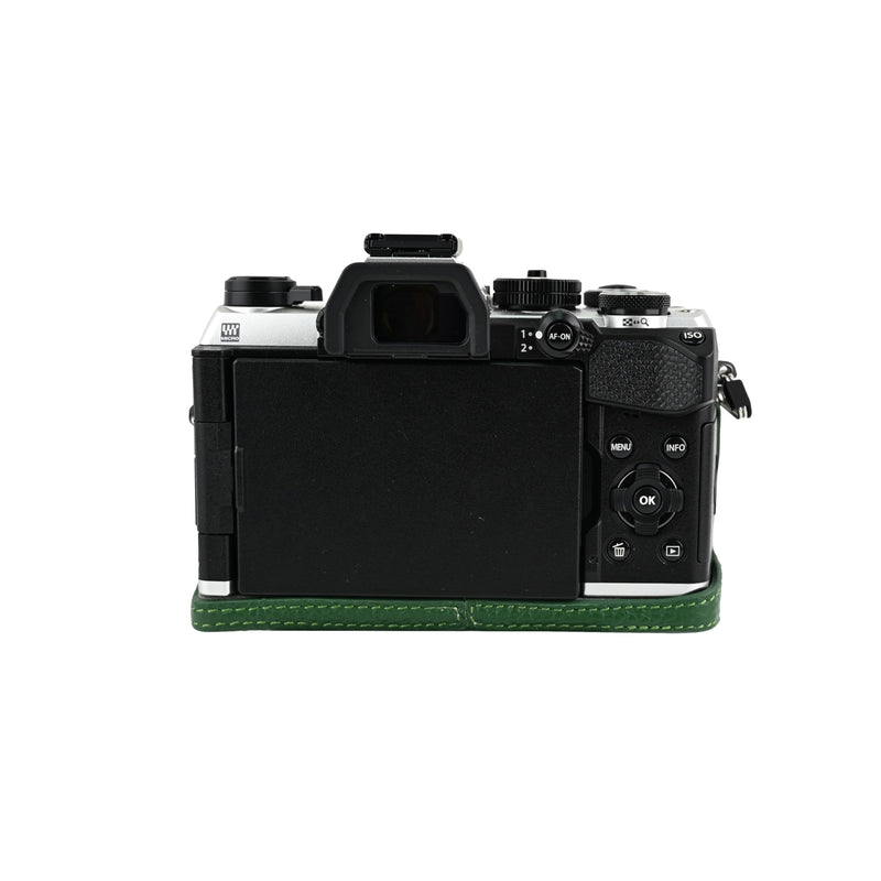 OM-5 Mark II Case, Litchi Handmade Genuine Real Leather Half Camera Case Bag Cover for Olympus System OM-5 Mark II Bottom Opening Version + Neck Strap (Green) Green