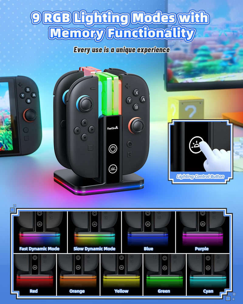 FASTSNAIL Switch Controller Charger for Nintendo Switch 2/1/OLED for Joycon | 8 in 1 Fast Controller Charging Dock, Dual-Direction Magnetic Charger Station Stand, 9 RGB Light for Joycon 2/1 Accessories Carbon Black 6.2/7.0/7.9 inch