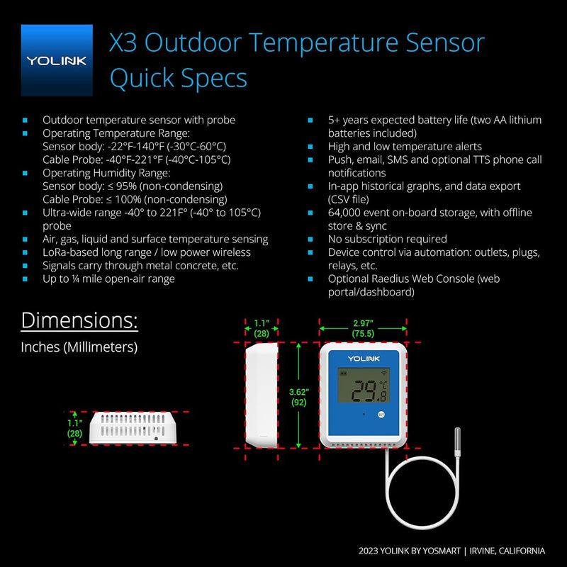 YoLink Smart X3 Version Outdoor Temperature Data Logger with Probe, Thermometer, 1/4 Mile Range, 5+ Years Battery Life, Emails, Text, App Alerts, Alexa, IFTTT. Pool, Hot Tub, Fish Tank. Hub Required! 5-Year Battery Without Hub