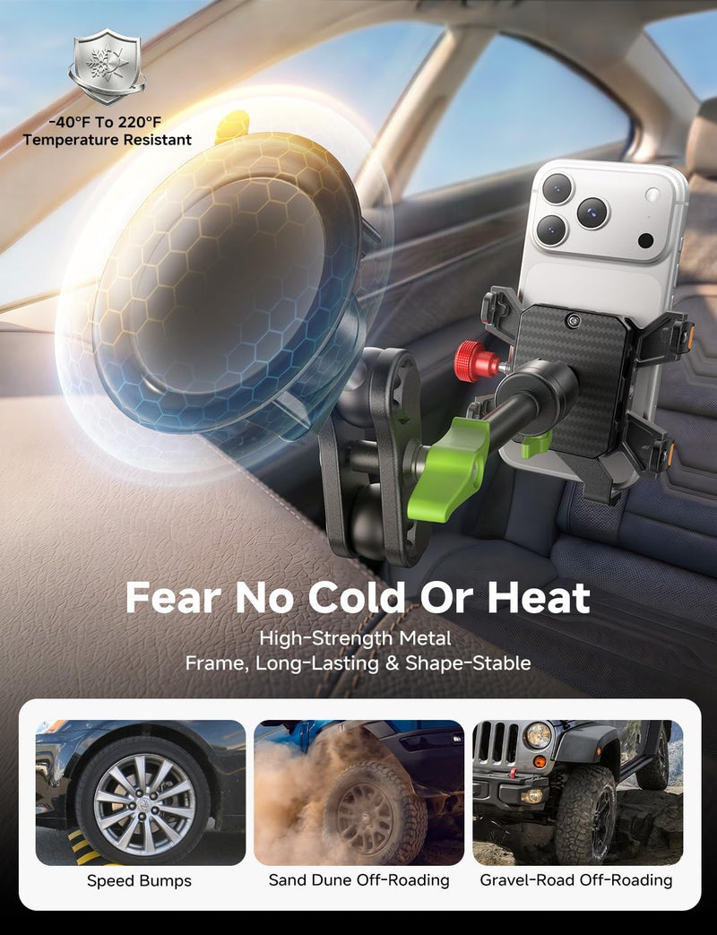 MAGIC JOHN Metal Car Phone Holder 360° Rotation Suction Mount Windshield | All-Metal Build With Enhanced Suction Cup, Adjustable Clamp Arms, Compatible With iPhone Samsung & All Smartphones