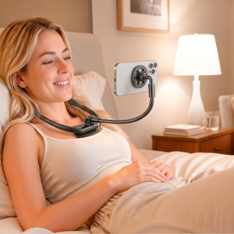 Magnetic Neck Phone Holder for Reading in Bed, One-Hand Operation Comfortable Lazy Cell Phone Mount for iPhone, Around Neck for Video Recording Watch Movies Black