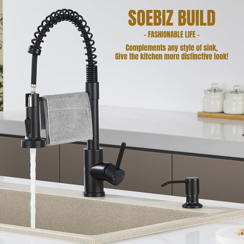 Soap Dispenser for Kitchen Sink, Matte Black Stainless Steel Built in Soap Dispensers, Countertop Kitchen Sink Soap Dispenser Pump Head for Bathroom with 11 OZ Large PET Transparent Bottle