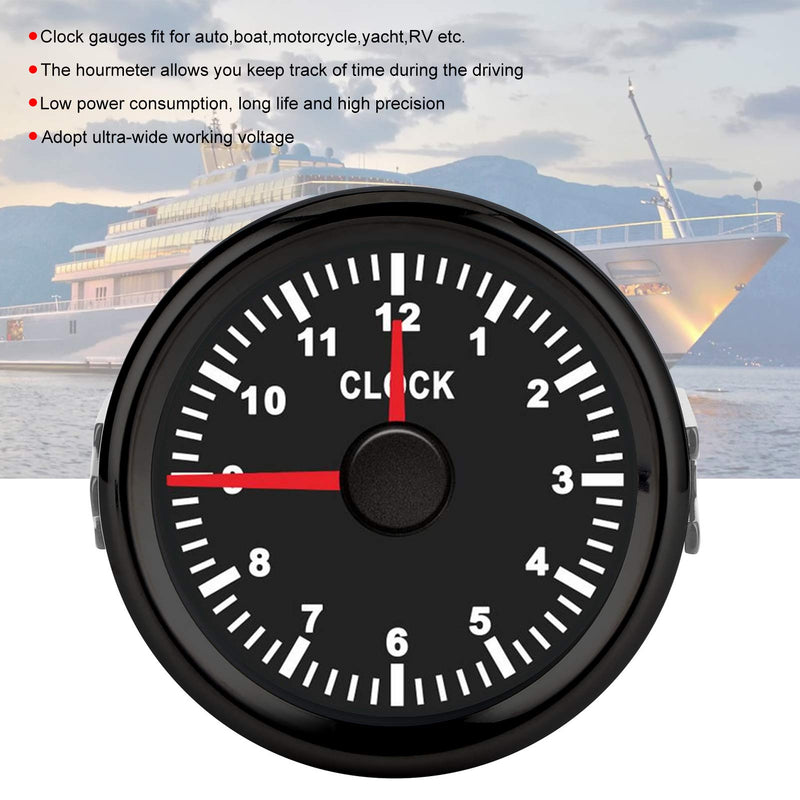 Dial Clock Meter,2in/52mm Clock Gauge Instrument 0?12 Hourmeter Red Backlight 12V/24V for Car Boat Yacht Motorcycle(Black Dial Black Frame) Black Dial Black Frame