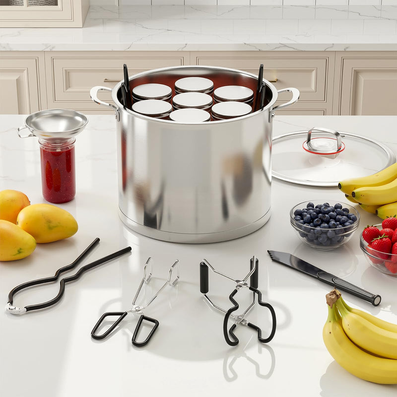 Pisol Canning Supplies Starter Kit, 7 Piece Canning Tools Set with Stainless Steel Rack, Wide Mouth Funnel, Kitchen Tongs, Jar Lifter, Magnetic Lid Lifter, jar Wrench, Bubble Popper Black