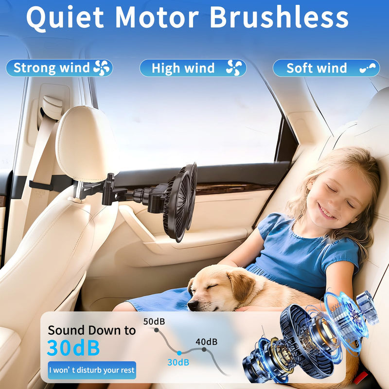 Rechargeable Car Fan for Backseat Kids Baby, Battery and USB Dual Power Car Fans with LED Display,Powerful 3 Speeds 360° Rotatable Dual Head Cooling Car Seat Fan for Sedan SUV RV Truck Vehicle Large