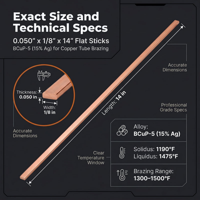 BCuP-5 15% Silver Brazing Rods, 10 Flat Sticks 0.050" x 1/8" x 14" for Copper Tube Brazing in HVAC, Air Conditioning, Refrigeration and Cold Storage, Flux Required for Brass 10PCS,BCup-5,15% Silver Length-14 Inch