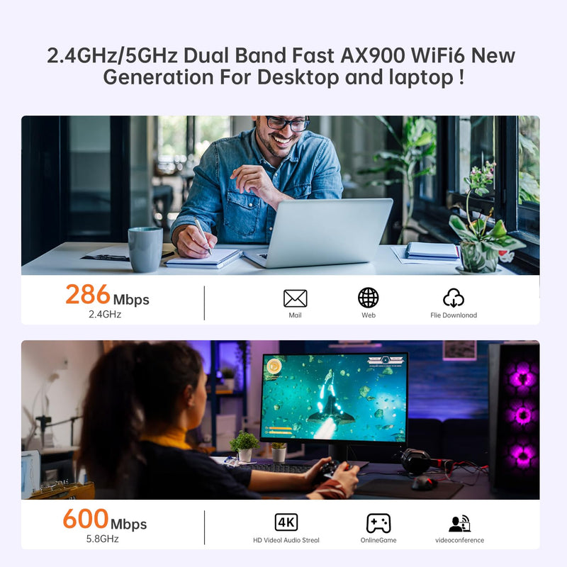 USB WiFi Adapter for Desktop PC, AX900 Bluetooth WiFi 6 Adapter WiFi Dongle with 5Ghz 2.4GHz Dual Band Wireless Network Card, Built-in Driver for Windows 10/11, High Gain Antenna, WPA3 Security