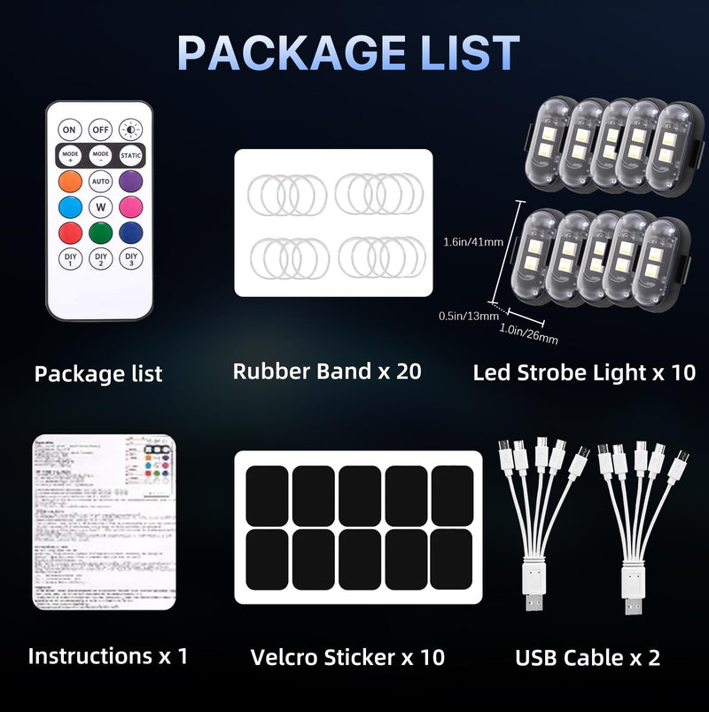 10PCS Wireless LED Lights for Car with Remote Control, High Brightness Wireless LED Strobe Light 8 Colors USB Charge IP65 Waterproof Anti-Collision for Car Motorcycle Aircraft Bike (10) 10