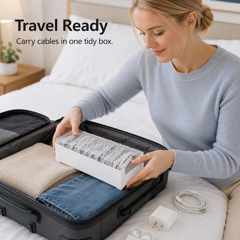 8 Pcs Cable Organizer Storage Box, Desktop Cord Management Organizer with 7 Switch Small Boxes, Clear Home Perler Beads Case for Stationery Supplies Desk Electronic Accessories, White