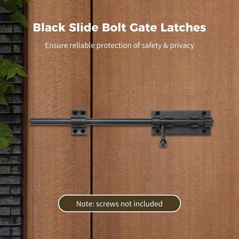 2 Packs 12" Slide Bolt Latches, Heavy-Duty 304 Stainless Steel Gate Door Slide Latches with 9 mm Padlock Hole, ½" Dia. Matte Black Barrel Bolt Locks for Gates, Barns, Fences