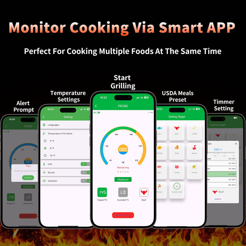 Smart Wireless Meat Thermometer Digital, 600 Ft Long Range Bluetooth 5.3 with App Control, High Accuracy Waterproof Ceramic Probe, Fast Charging & Magnetic for Oven Grill BBQ Smoker Rotisserie