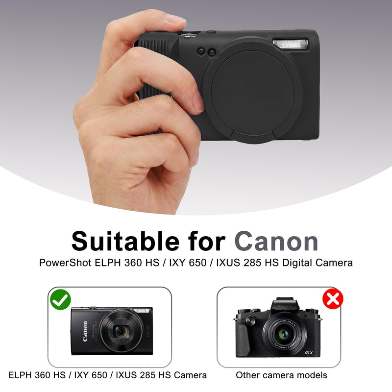 Case for Canon PowerShot ELPH 360 HS/IXY 650/IXUS 285 HS Camera | Soft Silicone Protective Case Removable Lens Cover,Comes with 2 Screen Protectors and 1 Wrist Strap (Black) Black