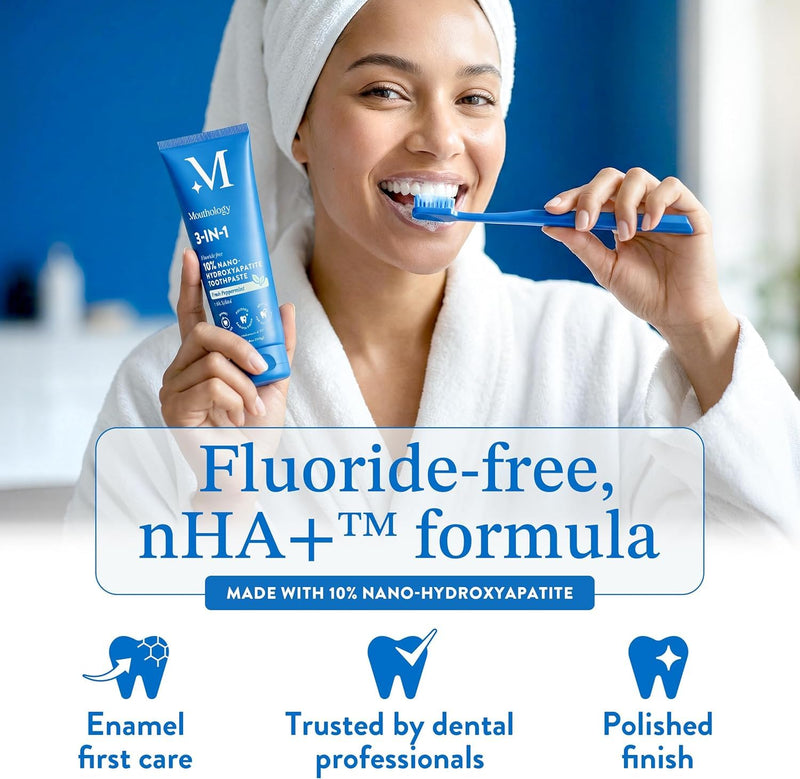 Mouthology 10% Nano Hydroxyapatite Toothpaste (3pk, Fluoride Free), Whitening*, Supports Enamel Care*, Appropriate for Sensitive Teeth*, SLS Free, Xylitol nHA Toothpaste Adults, Mint 4oz (USA Made) Fresh Mint 4 Ounce (Pack of 3)