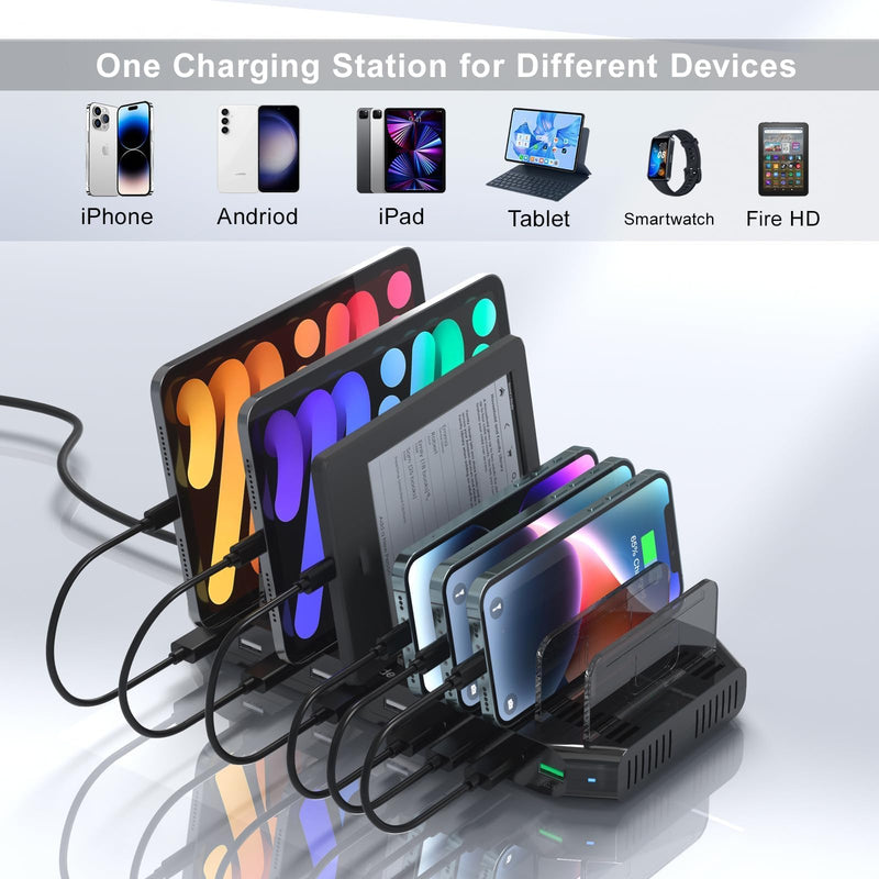 Multi USB Charging Station for Multiple Devices, 60W 10 Ports Multi Charger Station with QC3.0 Port & Adjustable Dividers Compatible with Tablets, Smartphones Black