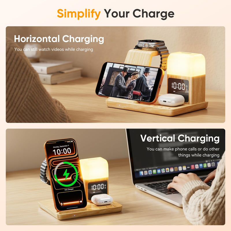 6 in 1 Wireless Charging Station with Clock & Night Light，Alarm Clocks for Bedrooms,Wireless Charger Stand with Beside Clock for iPhone 17/16/15/14/13/12 Pro Max, Apple Watch,Airpods (Wood) Wood