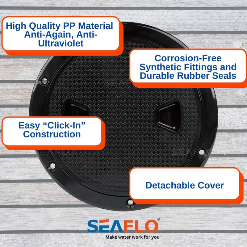SEAFLO Marine Circular Non-Slip Screw Out Deck Plate Inspection Access Hatch 4"/6"/8" White/Black/Tan Black 6"