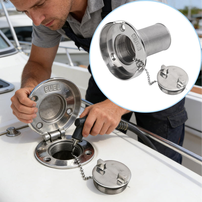 Boat Gas Cap,1-1/2"(38mm) Gas Tank Filler Neck with Keyless Cap, Boat Fuel Cap, Marine Mirror Polished 316 Stainless Steel Hardware for Boat Gas/Fuel/Diesel/Water/Waste Deck Fill