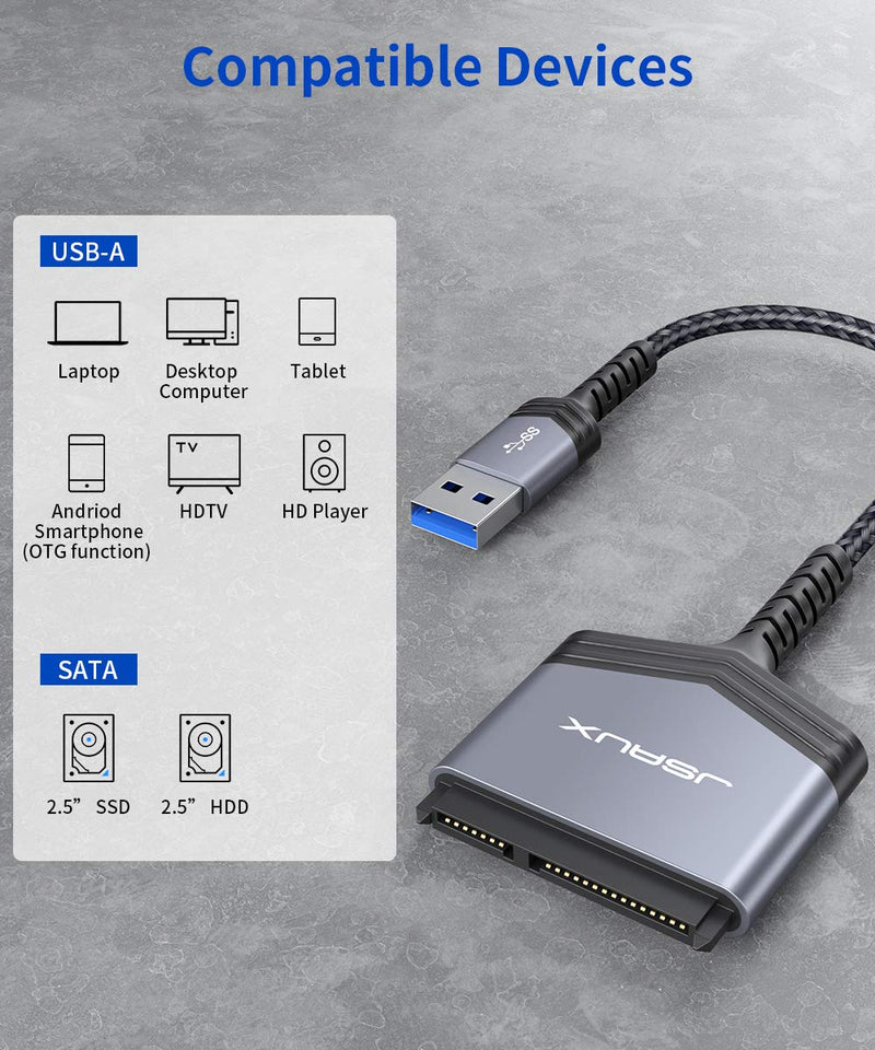  [AUSTRALIA] - JSAUX SATA to USB A Cable, USB A 3.0 to 2.5” SATA III Hard Drive Adapter Aluminum Shell Nylon Cord External Converter for SSD/HDD Data Transfer-Grey USB 3.0-SATA Grey