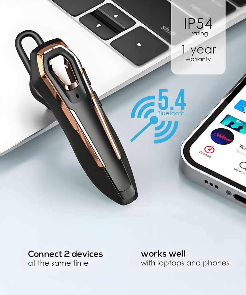 Hands-Free Bluetooth Headset V5.4, Bluetooth Earpiece Noise Canceling | 36Hrs Talk Time, Single Ear Headset for Work, Lightweight Wireless Earpiece with Mic (Gold) Gold