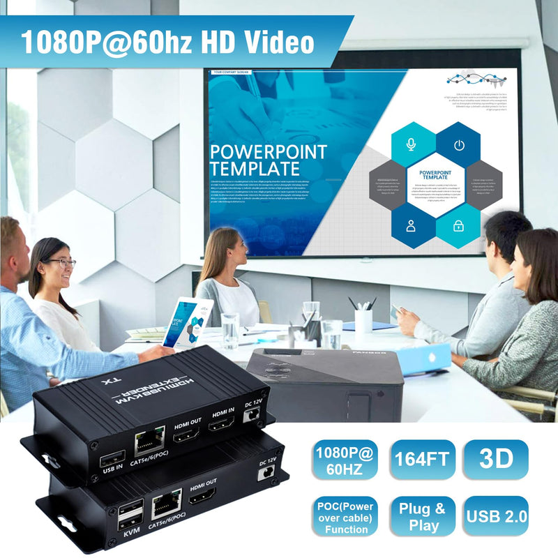 164ft HDMI KVM USB Extender, HDMI to RJ45 Over Cat5e/6/7, Zero Latency 1080p@60Hz USB Keyboard/Mouse Control, Single Power Plug & Play, for Home Theater Outdoor (Transmitter + Receiver)