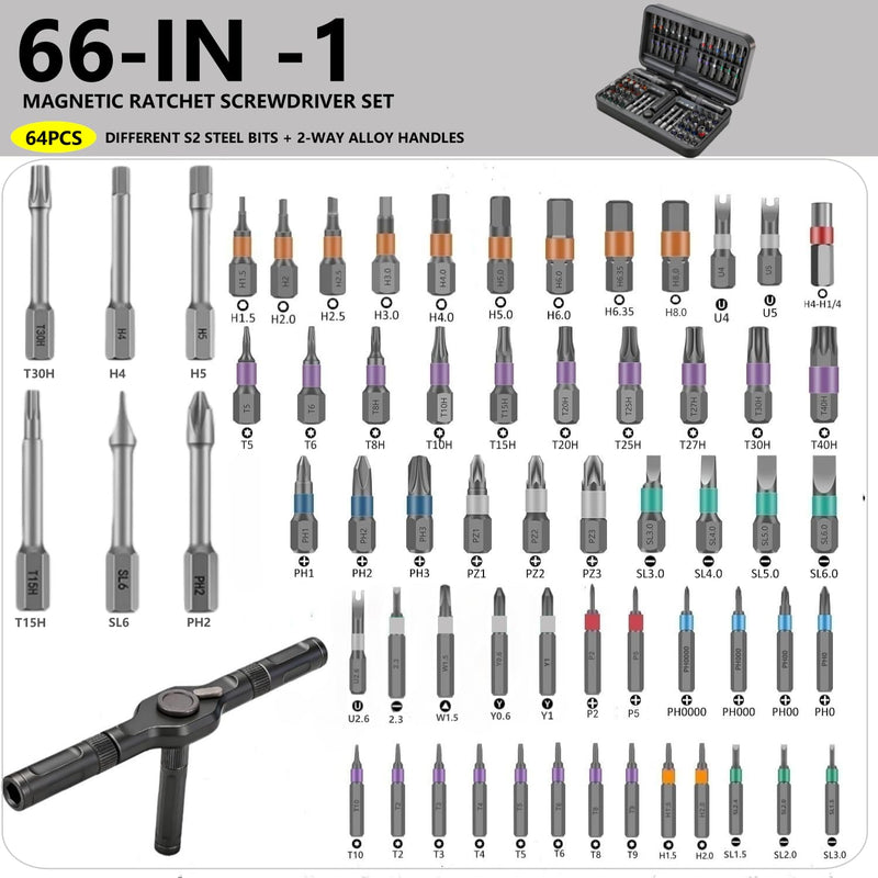 66 in 1 Magnetic Screwdriver Set, Multi-Bit Ratchet Screwdriver Kit with S2 Steel Precision Bits, T-Handle Repair Tool Set for Computer,Bicycle, Electronics, Furniture, DIY, Ideal Gift for Me Husband 66 In 1