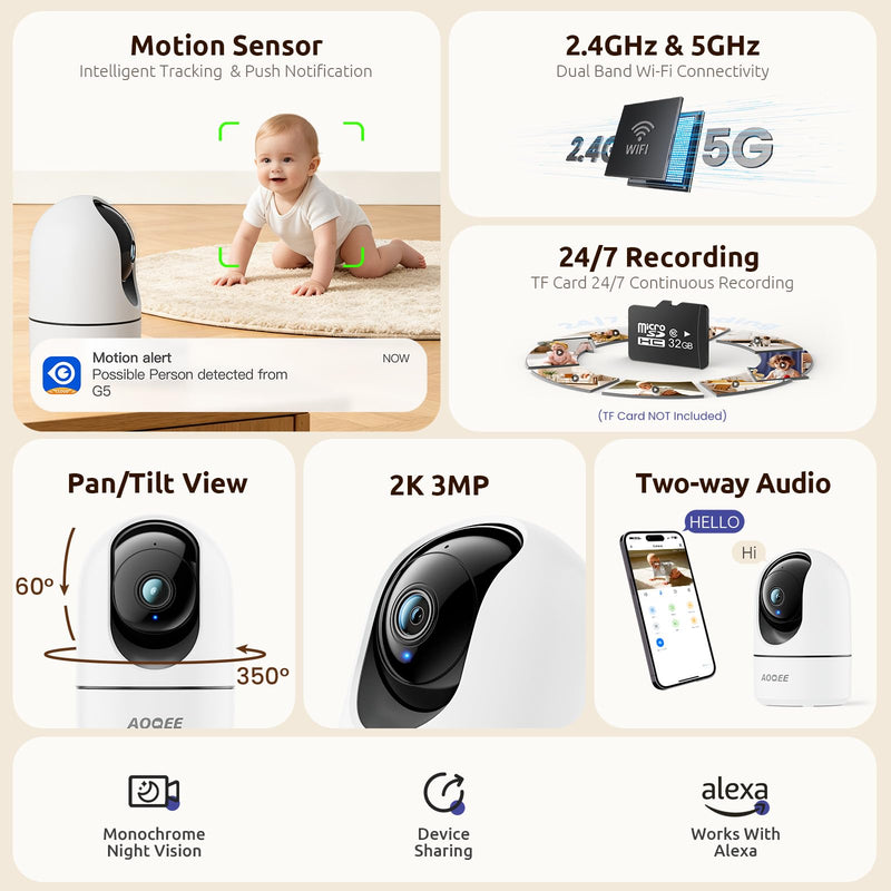 AOQEE 5G Cameras for Home Security Indoor, Pet Monitor w/Phone APP G5 2Pcs | Dual-Band Wi-Fi Indoor Camera with 24/7 TF Card Storage, 360 PTZ Auto-Tracking Pet/Dog/Cat/Puppy/Nanny, Motion Alert, Plug-in White-2Pack