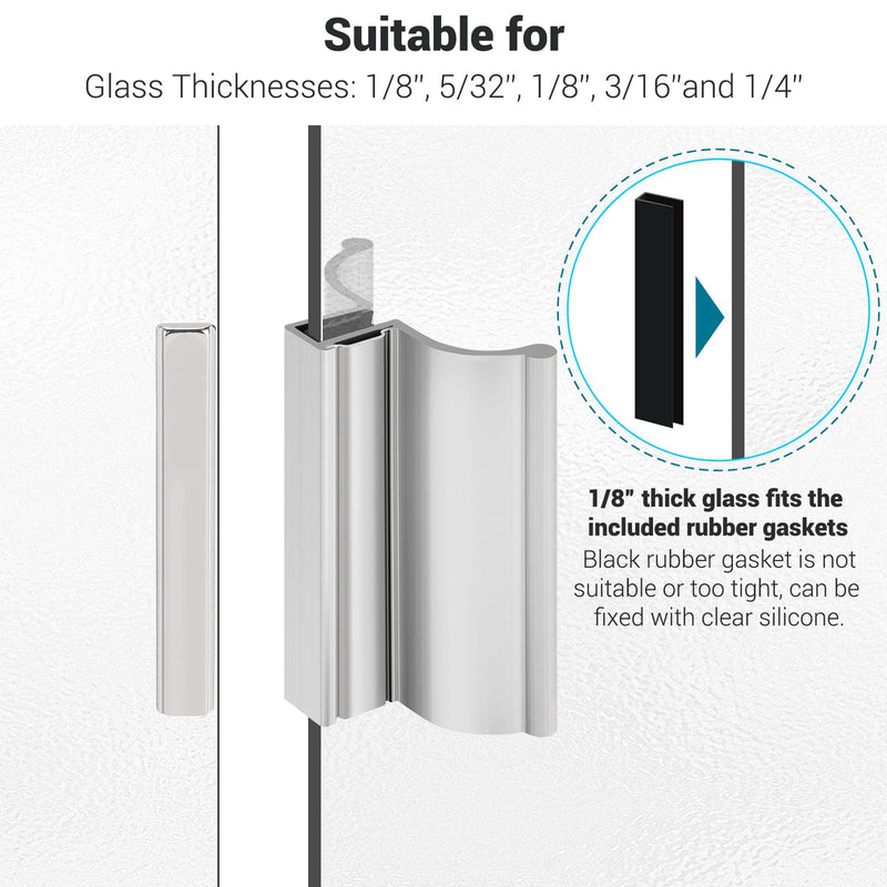 3" Frameless Shower Door Handle with Metal Strike Plate and 3" Shower Door Magnet. Suitable for Glass Doors with thicknesses of 1/8 inch, 5/32 inch, 3/16 inch, and 1/4 inch.
