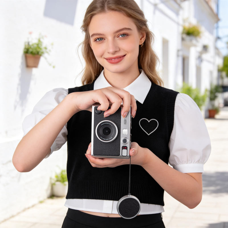 Rieibi Lens Cap for Fujifilm Instax Mini Evo, Fuji Instax Accessories - Anti-Scratch Retro Leather Aluminum Lens Cover with Flocking Internal, Anti-Lost Wrist Strap-Black Texture Black
