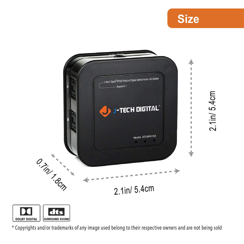 J-Tech Digital Optical Splitter 1 in 3 Out for TV, Toslink Splitter 1x3 SPDIF Audio Splitter 1:1 Transmission Support LPCM2.0, DTS, Dolby Digital Optical Splitter 1X3