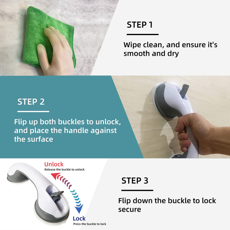 2 Pack Heavy-Duty Shower Grab Bars - Gemroom 16.5 Inch Grey Suction Bar Handles for Elderly, Seniors, Handicap, Safety Balance Assist Grip for Bathroom, Toilet - Anti-Slip, Shower Handles Hand Rail 16.5"