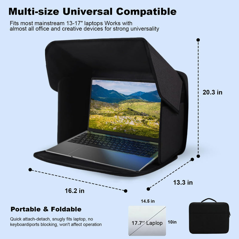 4-in-1 Laptop Sun Shade Hood,Screen Privacy Cover – Sun, Anti-Glare, Heat & Contrast Protection,Fits 13-17" Laptops, Freestanding with Pocket,Fits Working Outside,Travel, Beach Black 13in-17in