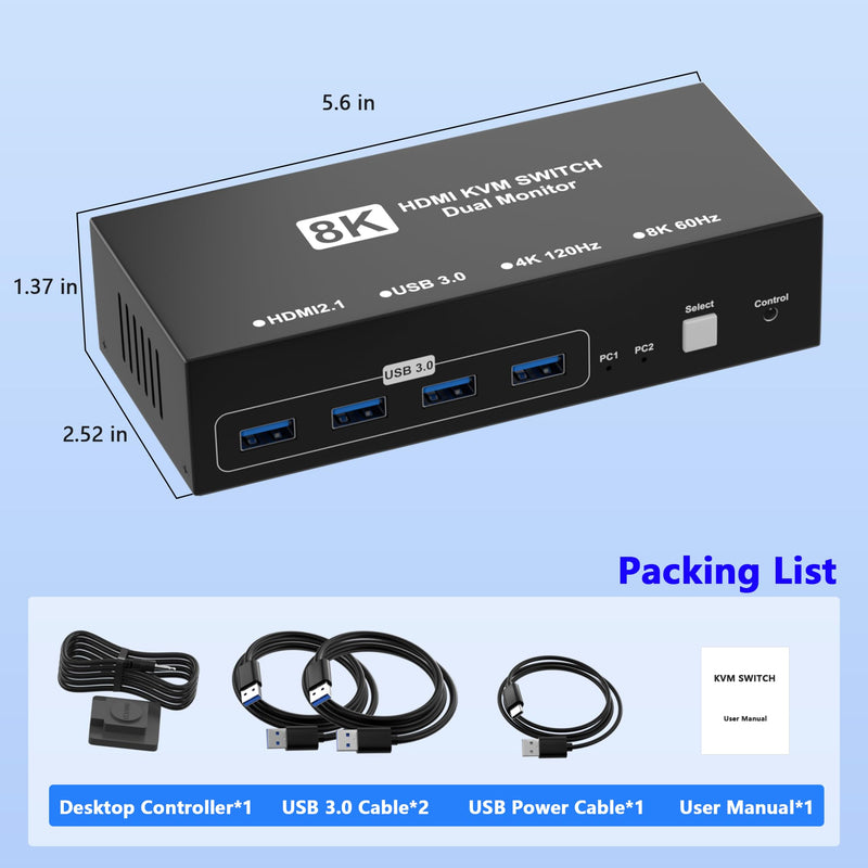 8K@60Hz HDMI KVM Switch 2 Monitors 2 Computers, USB3.0 Dual Monitor KVM Switches with 4 USB 3.0 Ports Sharing Keyboard Mouse Printer, Computer Switch Monitor Switch for 2 Computers with Controller
