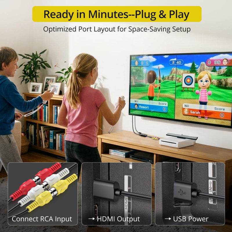 PROZOR RCA to HDMI Converter - 4:3/16:9 Switch, AV to HDMI Adapter for TV | Composite CVBS Video Audio Converter for PS1/PS2/N64/Wii/Xbox/VCR/VHS/DVD, Supports PAL/NTSC, 1.5ft Female Cable Plug & Play
