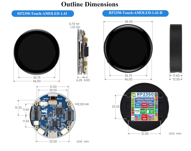 RP2350 1.43inch AMOLED Touch Display Development Board, 466x466, SPI Interface Round Display, Onboard Accelerometer and Gyroscope Sensor, USB, UART, I2C and GPIO, etc. with CNC Metal Case