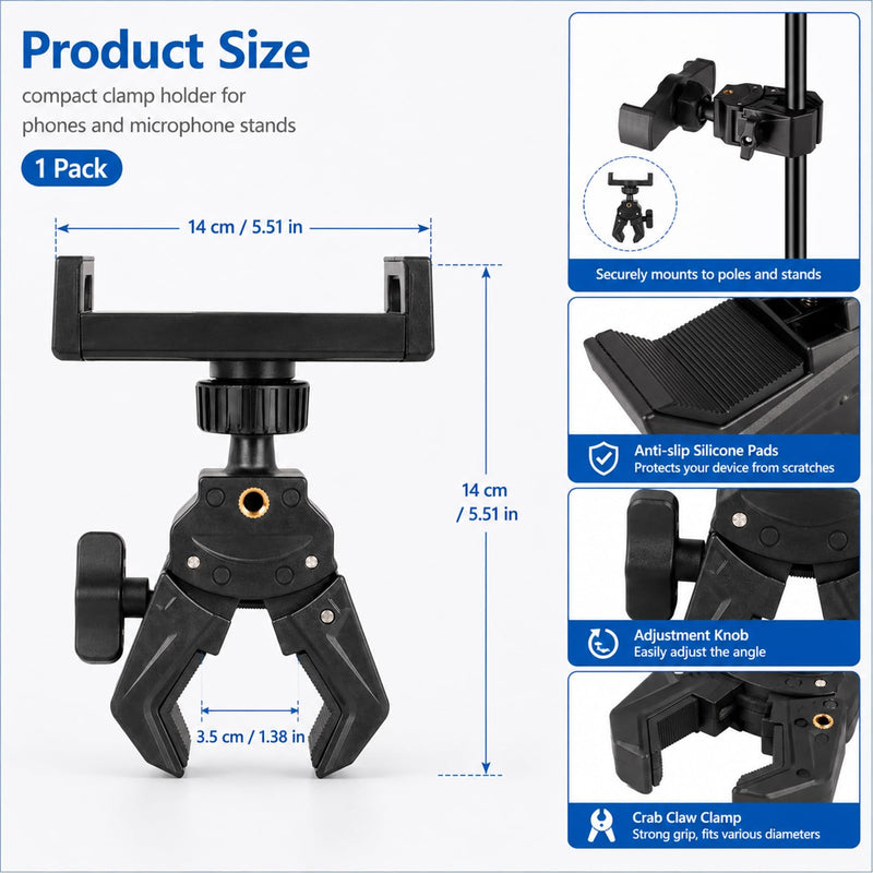 Mic Stand Phone Holder with 360 Rotation | For iPhone Samsung All Phones, Adjustable Clamp Fits 0.47-1.1 Inch Poles, 3 Ball Joints, 180° Tilt for Music Performance