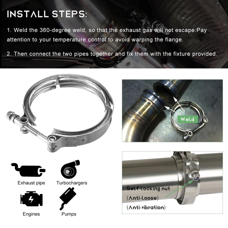 4 Inch V Band Clamp,Male Female 304 Stainless Steel Quick Release Flange Exhaust Clamp, V-Band for Pickup Truck Turbo Downpipe Exchange Exhaust Systems, Car Accessories 4 Inches