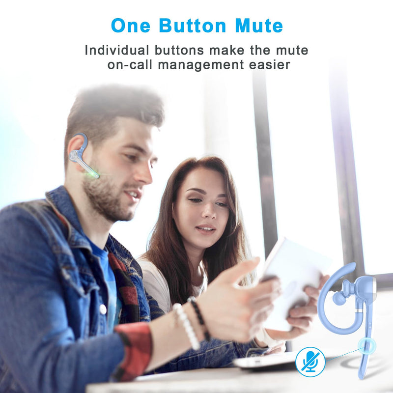 HEIBAS Bluetooth Headset, Wireless Earpiece with Mic for Work Light Blue | 72H Playtime, 500mAh Charging Case, Hands-Free Calling with Mute Button for Trucker, Office, Driving, iPhone, Light Blue