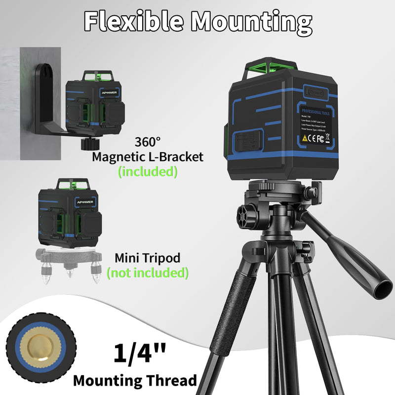 Laser Level 360 Self Leveling, 3 x 360° Cross Line Lazer Leveler Tool for Construction and Picture Hanging, Rechargeable Nivel Laser Outdoor, L-Magnetic Bracket Included 12 Line-Green