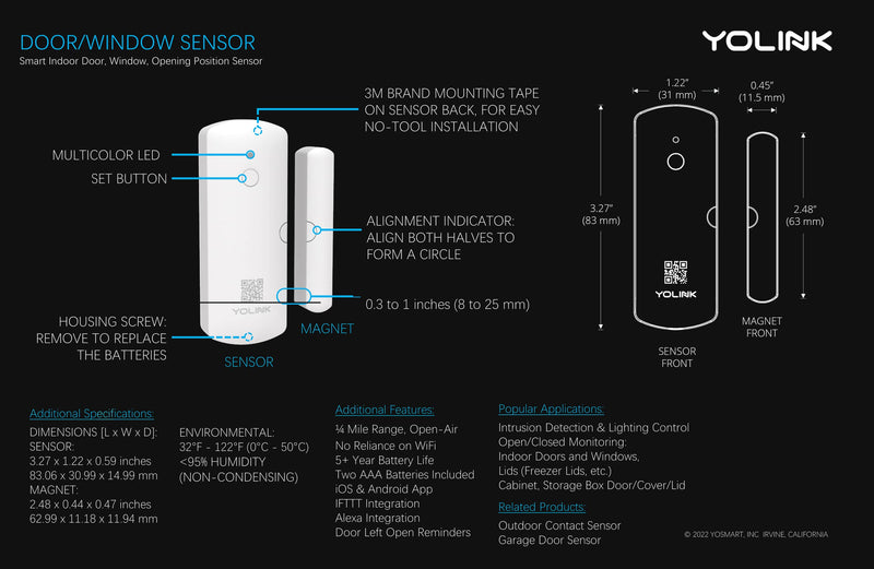 YoLink LoRa Smart Door & Window Sensor: Up to 1/4 Mile Open-Air Range, Door Left-Open Reminders, up to 5 Year Battery Life, Alexa, IFTTT, Home Assistant, Home Security, Hub Required 1-Pack without Hub