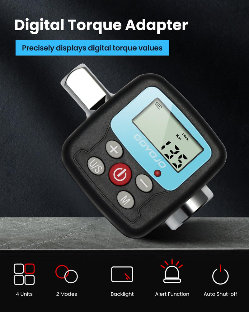 GOYOJO Digital Torque Wrench Adapter, 4-135Nm (2.95-99.6 ft-lb) Electronic Torque Converter with Digital Display, 1/2", 1/4", 3/8" Adapters for Motorcycles, Engine Maintenance, and Versatile DIY Use (135n.m)