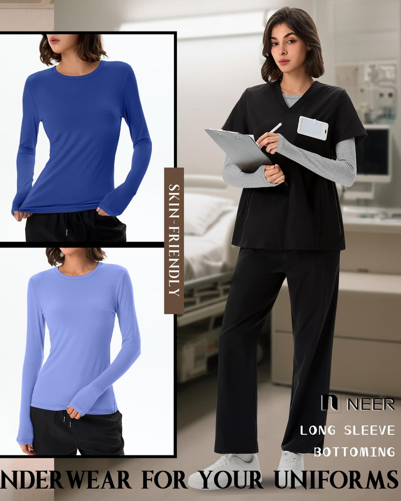 Neer 3 Pack Womens Underscrub Shirts Long Sleeve Crewneck Tops Fitted Layering Clothes Comfort Knit Tops for Nurse Royal Blue, Periwinkle, Light Mixed Gray Small