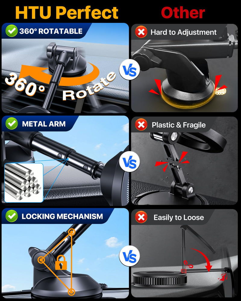 HTU【Military-Grade 80LBS Strongest Suction Upgraded for Magsafe Car Mount | Powerful Magnetic Cell Phone Holder for Car, Dashboard Windshield Stand Cradle for iPhone 17 16 15 14 Pro Max Mini,Black Black