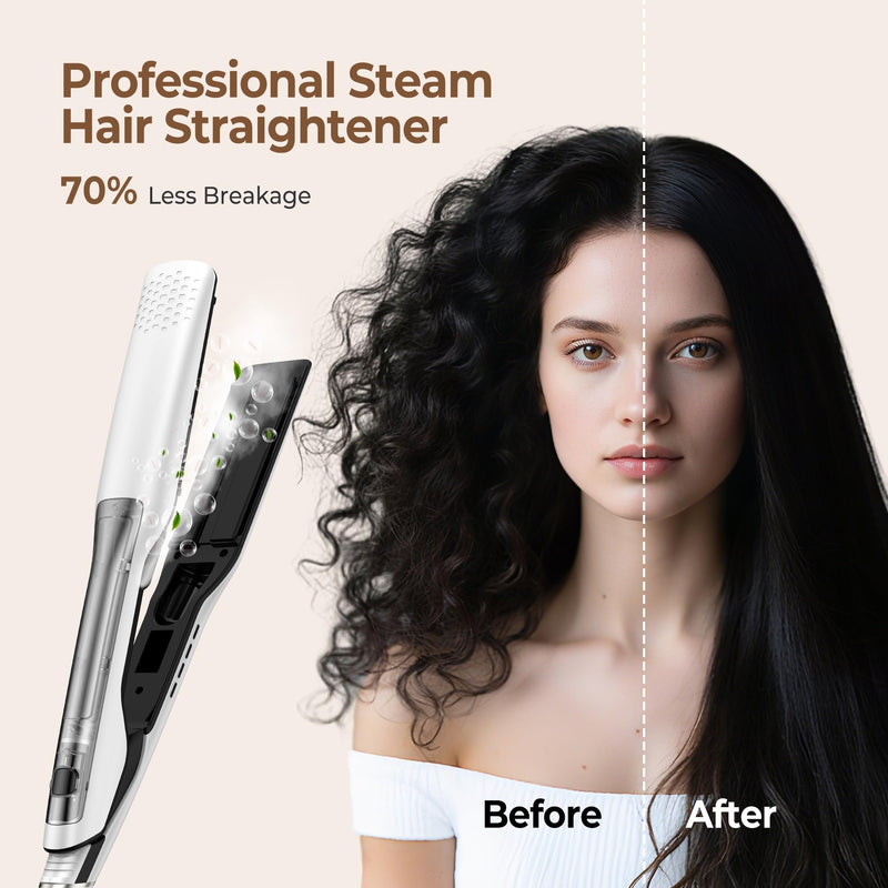 UKLISS Steam Hair Straightener for Women, Professional Hair Straighteners with LCD Display & Safty Lock, 40MM Wide Plate Flat Iron, Hair Straighten & Smooth 2 in 1, Salon Hair Care Effect, 100-230℃ White